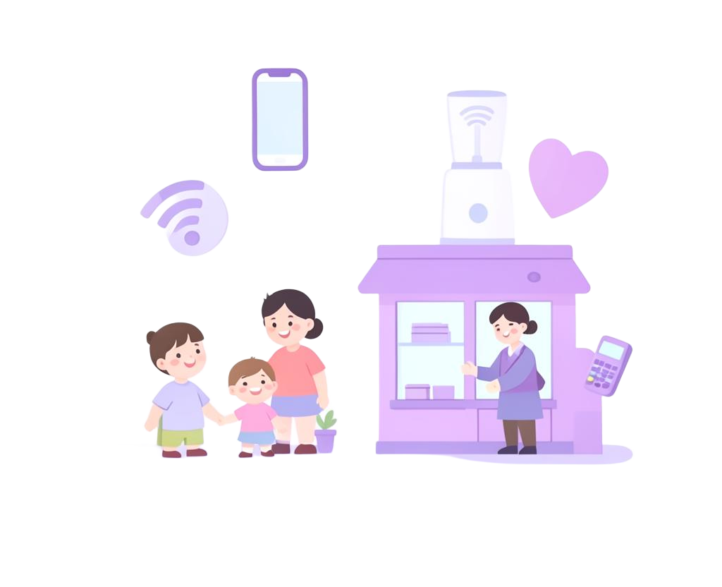 가족과 소상공인이 통신·상조·렌탈·결제 서비스를 함께 살펴보는 일러스트